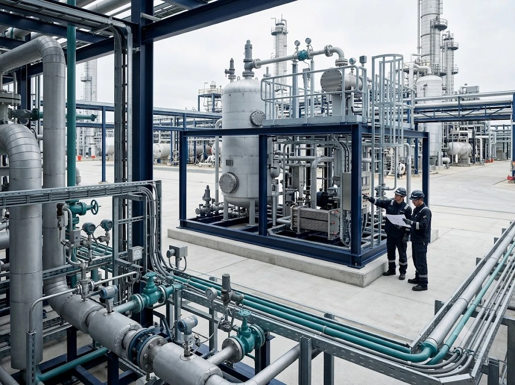 Delham engineering team reviewing process equipment