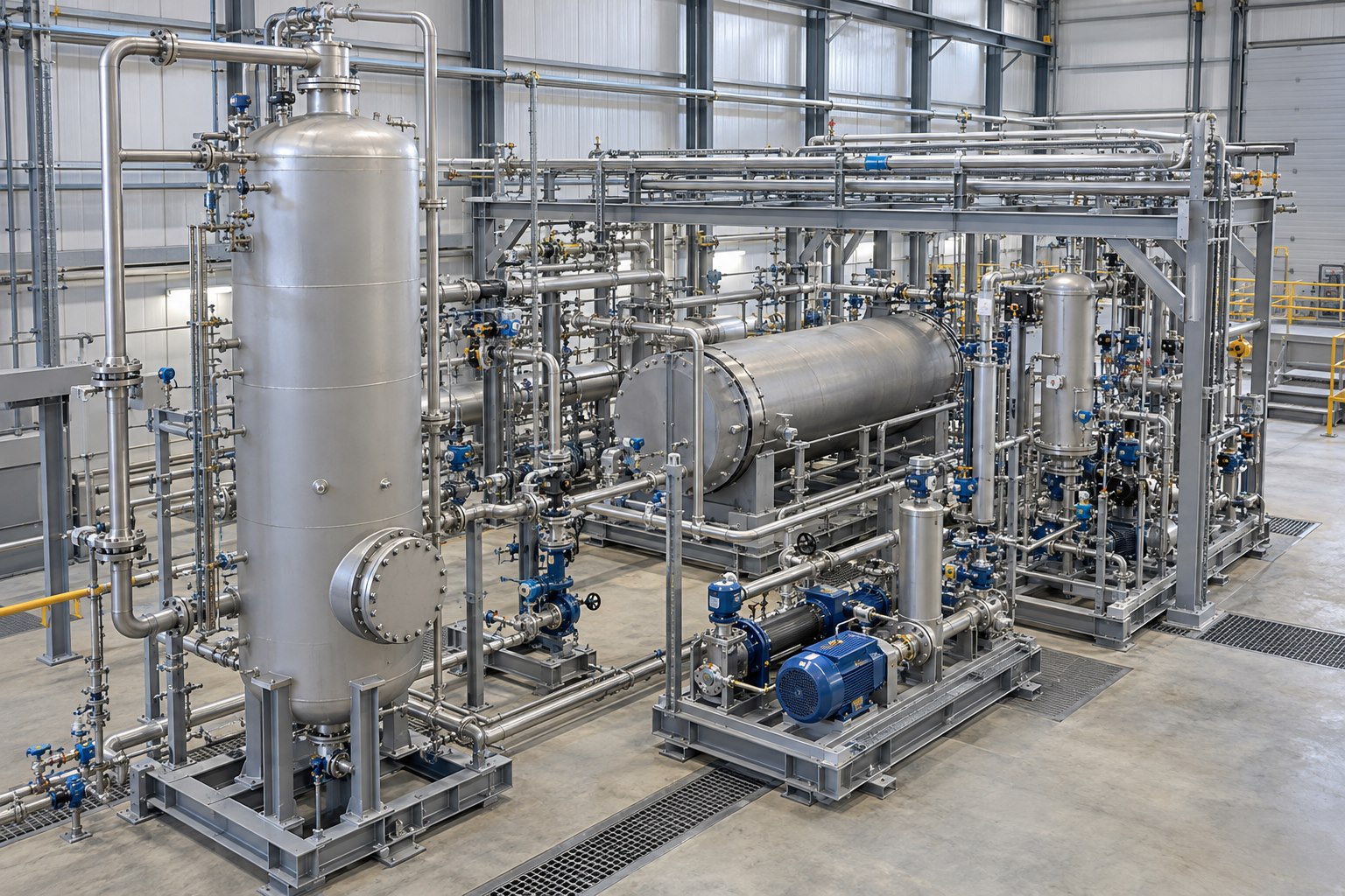 Integrated process vessels and modular skids in a fabrication bay