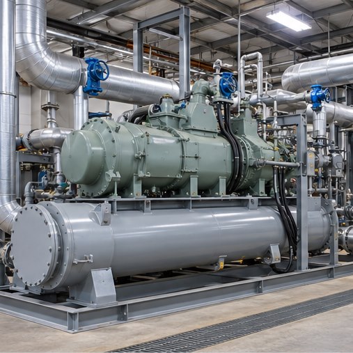Industrial refrigeration package with compressor and chiller