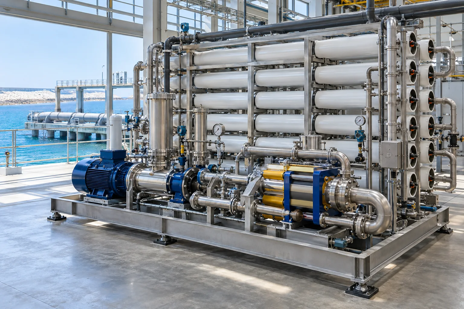 Industrial reverse-osmosis desalination package with membrane vessels, high-pressure pump and stainless-steel piping