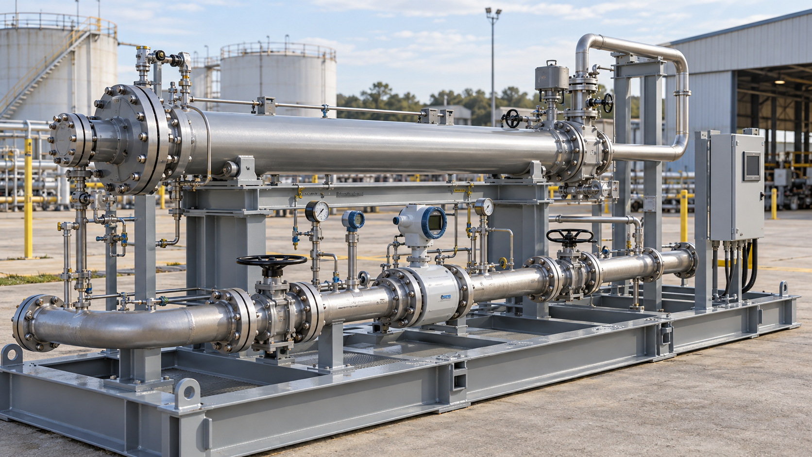 AI-generated conceptual illustration of a meter-proving skid with prover barrel, diverter valve and return loop; not an actual project photograph