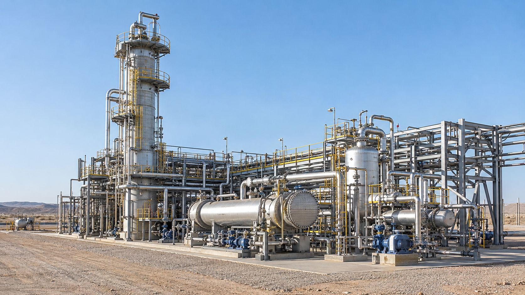Illustrative concept of a modular mini-refinery with a distillation column, heat exchangers, vessels and process piping