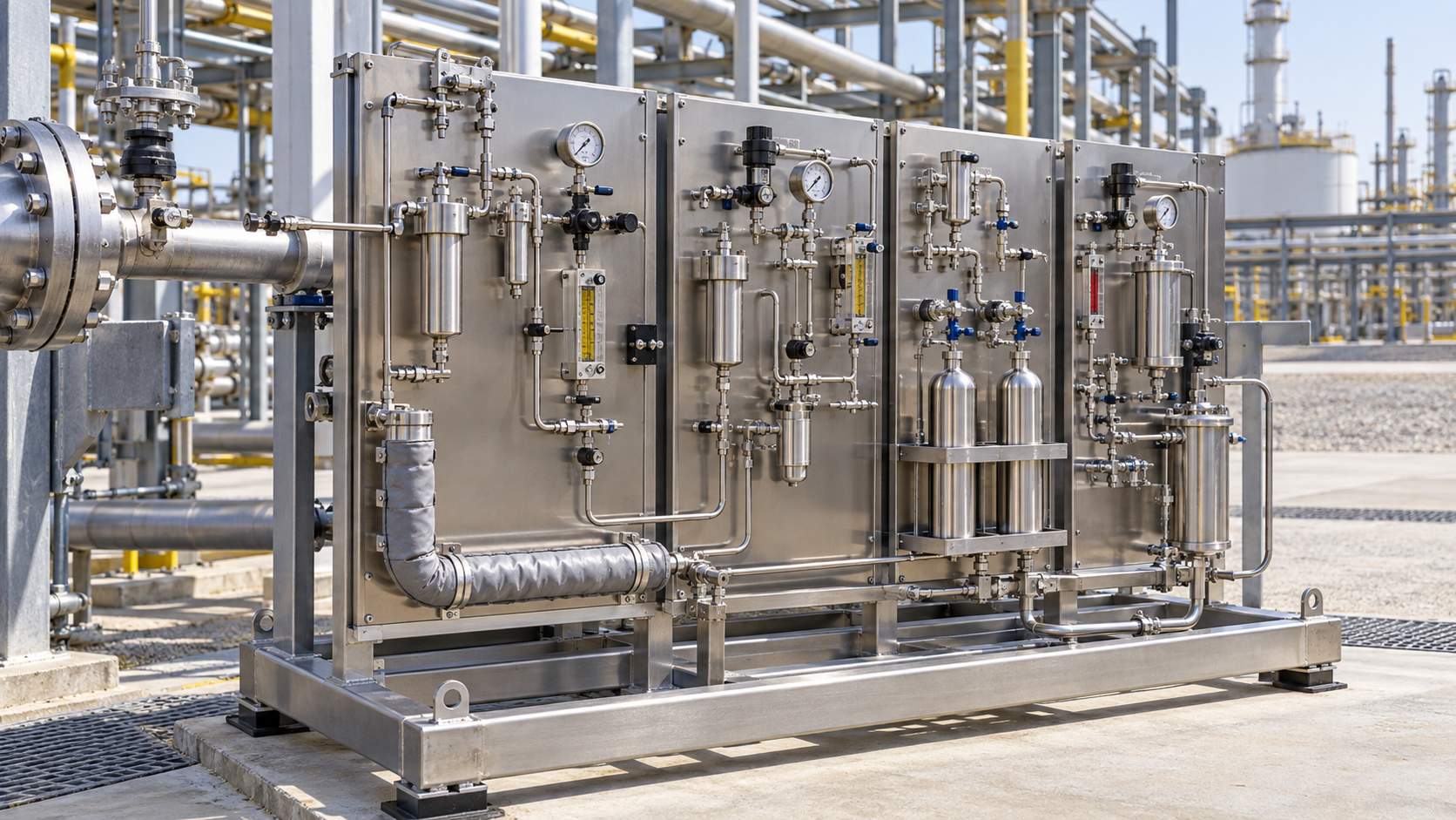 AI-generated conceptual illustration of a closed process sampling and conditioning panel; not an actual project photograph