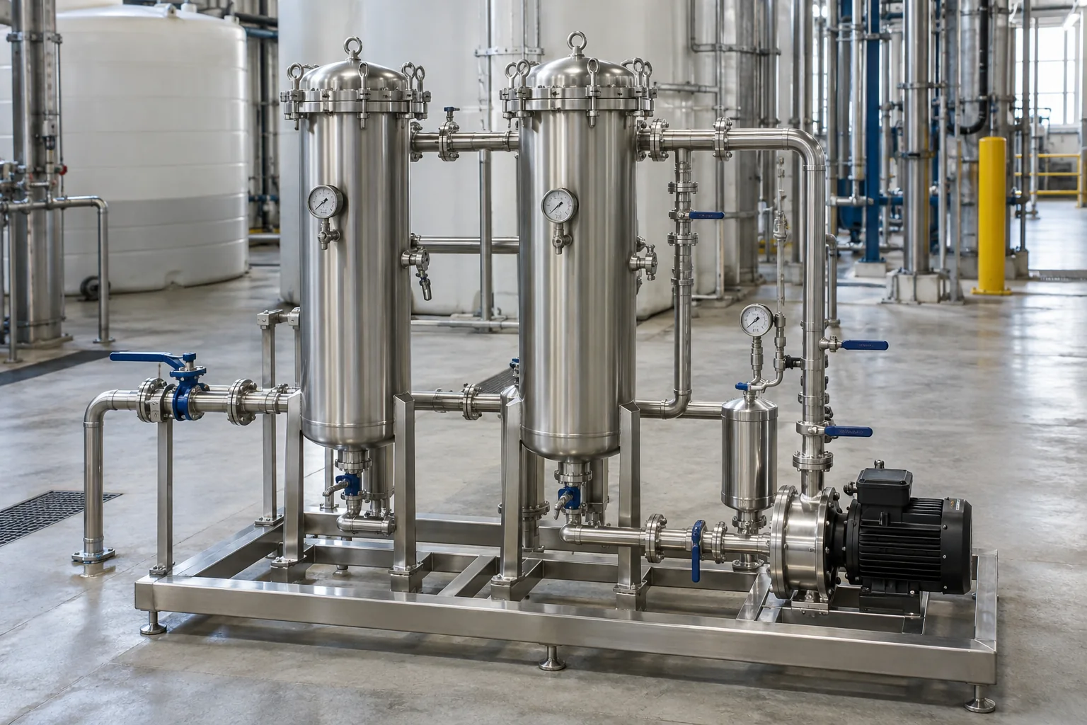 Final process-stream polishing skid with vertical filter vessels and transfer pump