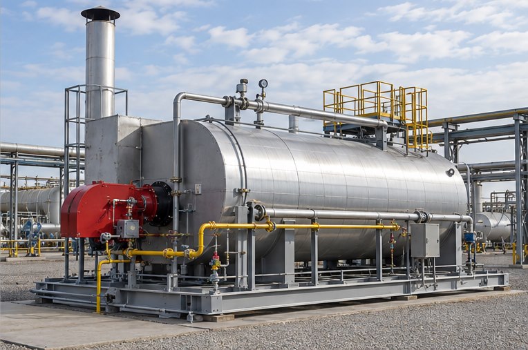 Indirect water-bath heater package with burner train, stack and process piping