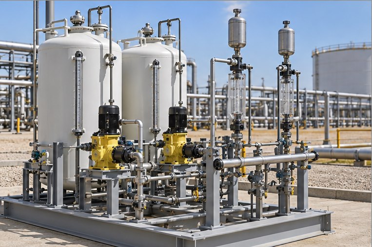 Chemical injection skid with day tanks, metering pumps and calibration columns