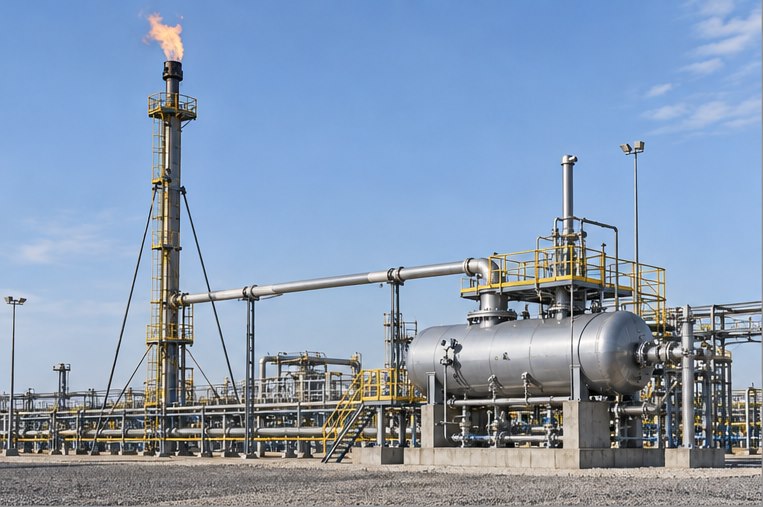 Industrial flare system with relief stack, knockout vessel and pilot