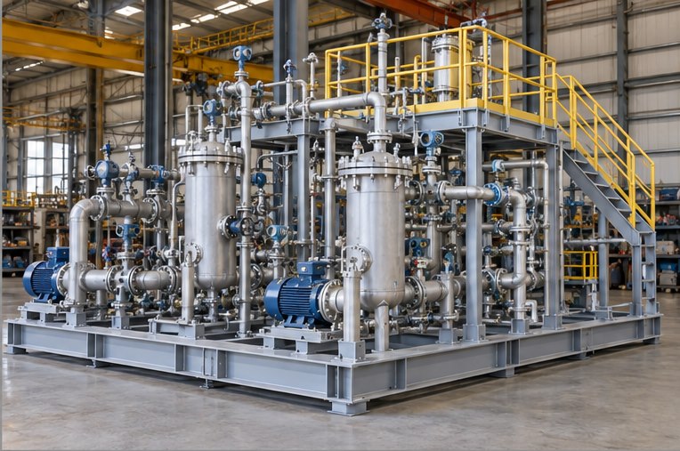 Modular process skid with filter vessels, pumps and integrated pipework