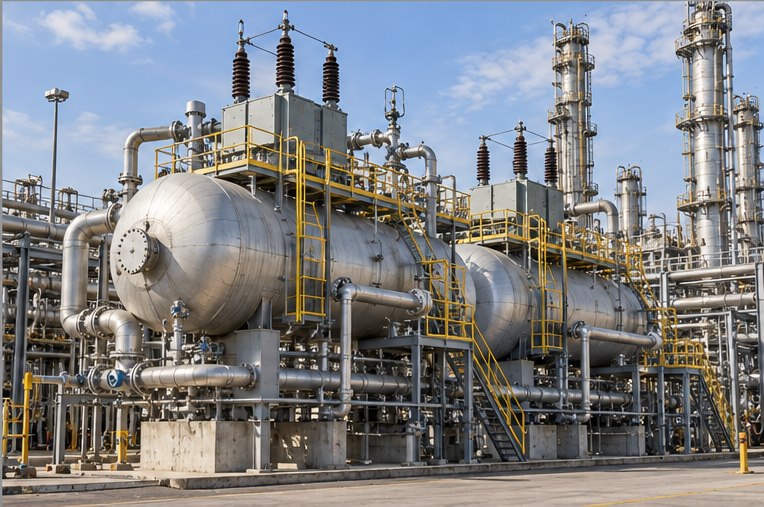 Crude-oil electrostatic desalting vessels with transformers and process piping