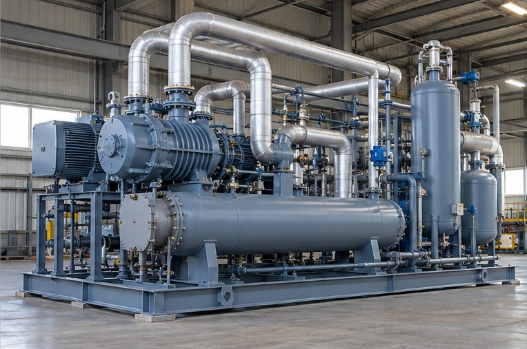 Industrial refrigeration package with screw compressor and shell-and-tube chiller