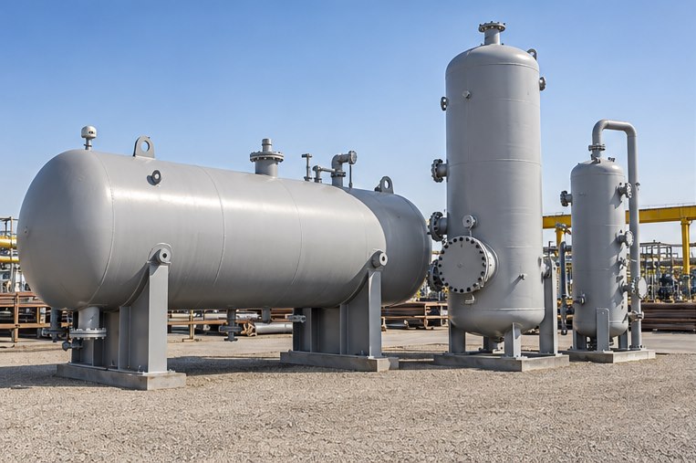 Static process equipment including horizontal and vertical pressure vessels