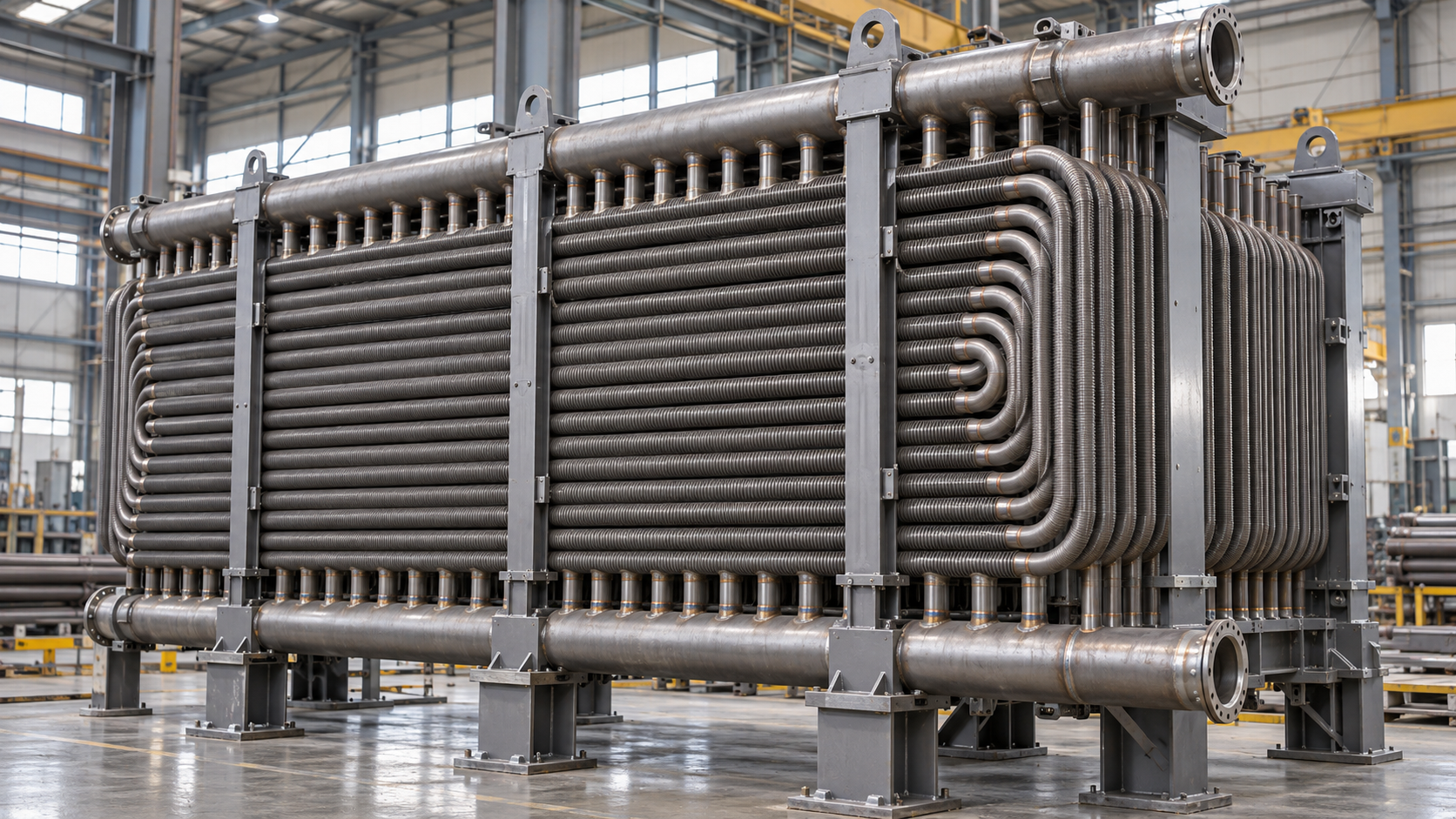 AI-generated conceptual illustration of a superheater tube module; not a photograph of a Delham project