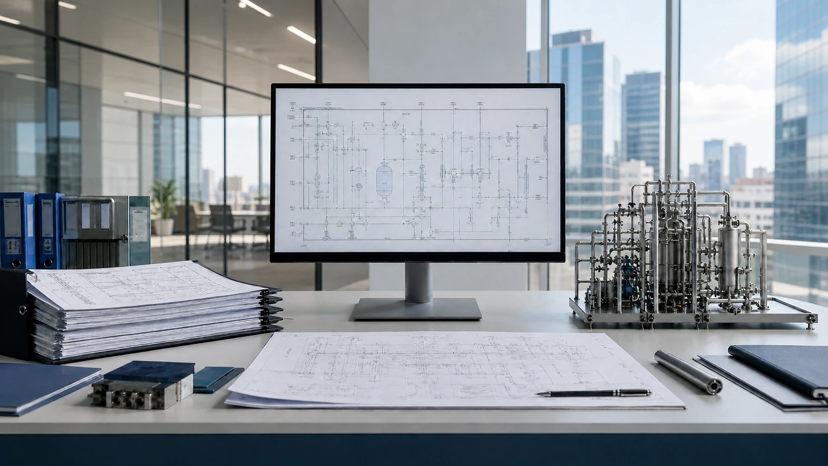 Technical document control workspace in a modern city office